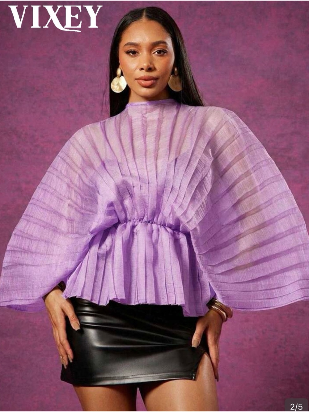 SHEIN Lilac Pleated Sheer Balloon Sleeve Peplum Top